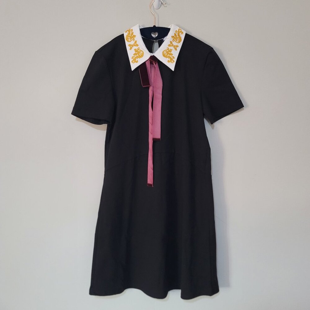 Zara Black Short Sleeve Dress with Embroidered White Collar and Ribbon